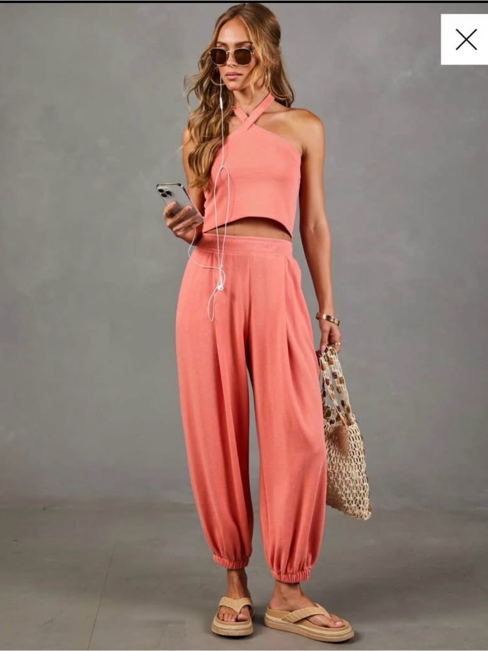 Vici Coral Cross-Neck Crop Top & Jogger Set